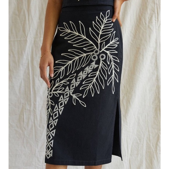Anthropology Maeve embroidery Black midi Skirt